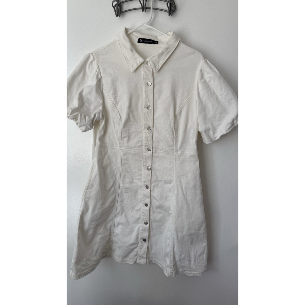 Allegra K Cream Button Front Collared Mini Dress Short Sleeve Cotton Blend M